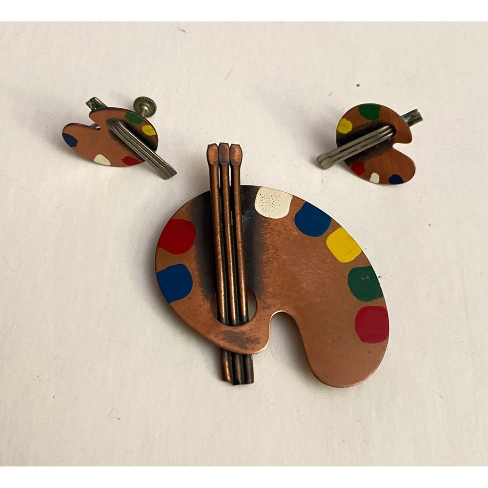 Vintage MCM Rebajes Copper Artist Palette Pin & Earrings Set